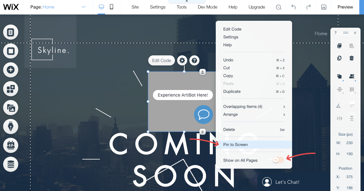 Pin chatbot to Wix site